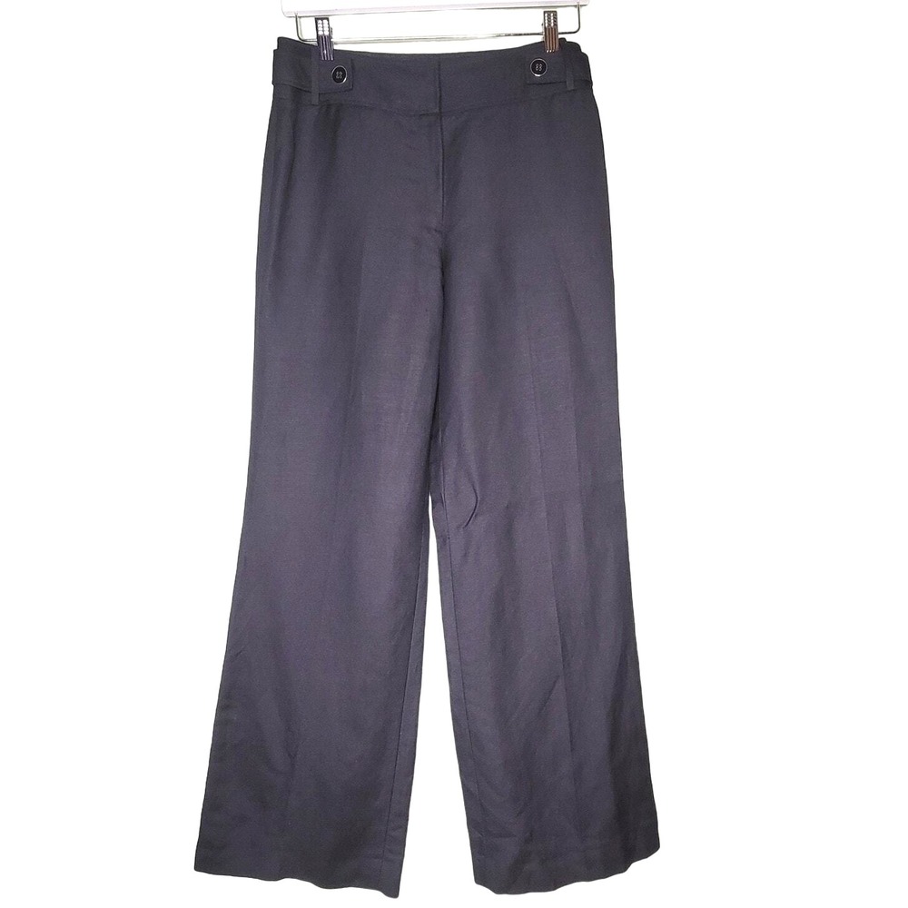 Isabella Demarco Linen Pants Black Wide Leg Trousers Flat Front Button Preppy 6
